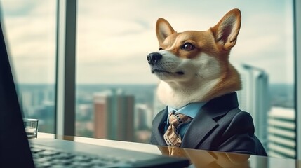 Business dog at his workplace in the office. Generative ai