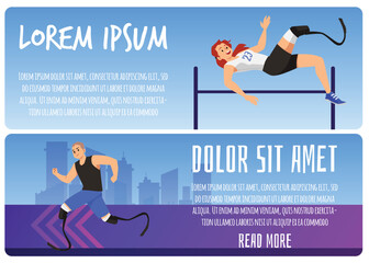 Sports for people with disabilities banners or flyers, flat vector illustration.