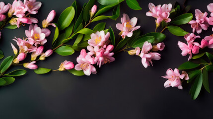 Obraz premium Pink flowers and green leaves on black background. Flat lay, top view. Generated AI