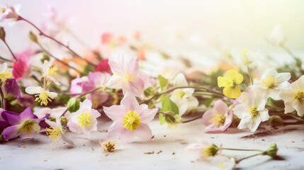 Beautiful spring flowers on a white wooden background. Soft focus. Generated AI