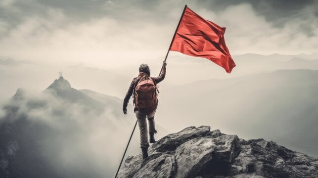 Reaching a goal concept - mountaineer with red flag on mountain. Generative ai