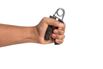 man hand holding and exercise with hand gripper isolated on white background