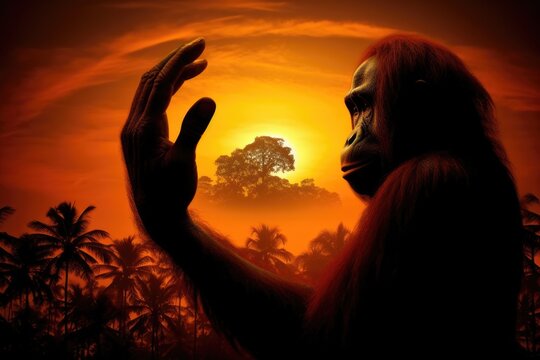 a majestic gorilla standing in front of a beautiful sunset with raised hands, Generative AI
