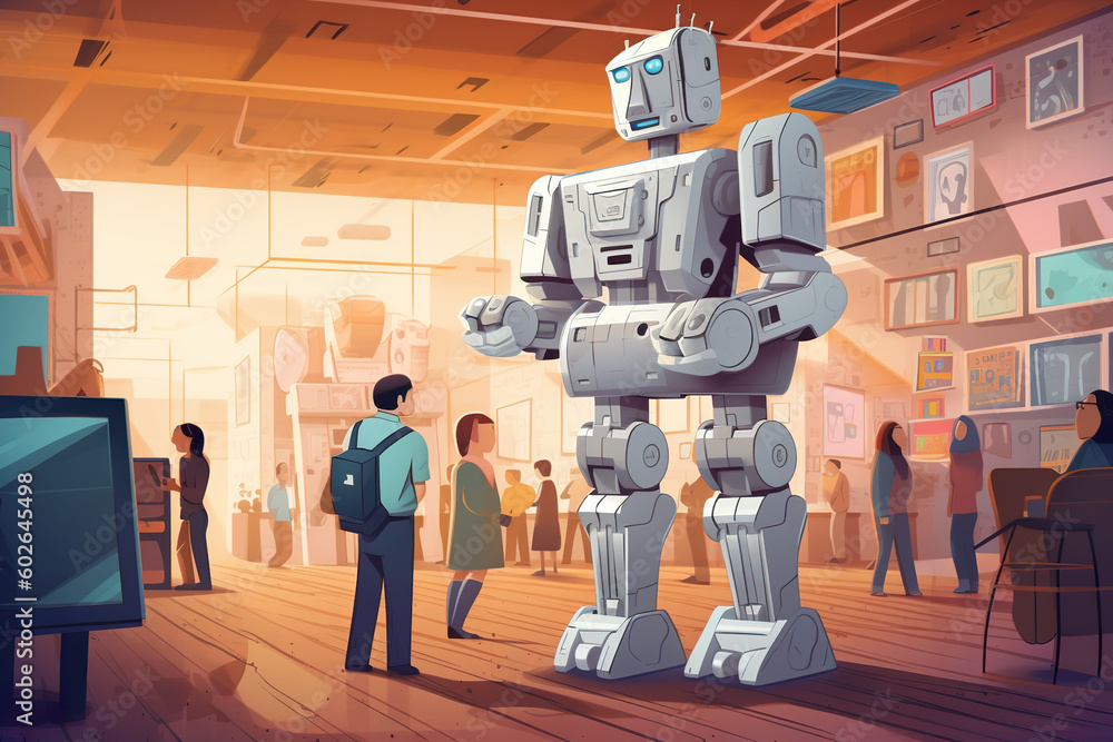 Aufkleber a man standing in front of a robot in a museum. generative ai.