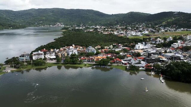 aerial view of Lagoa (Lagoa da Conceição) ilha de Santa Catarina Brazil holiday destination drone footage 