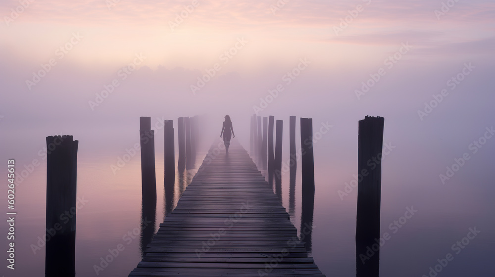 Poster a person standing on a dock in the fog. generative ai.