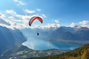 a paraglider soaring over a serene lake amidst towering mountains, Generative AI