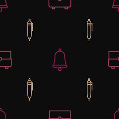 Set line School backpack, Pen and Ringing bell on seamless pattern. Vector