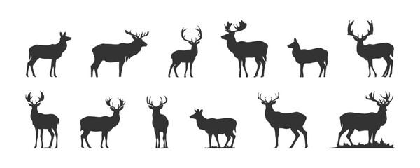 Set of black deer silhouettes isolated on white background, vector illustration - obrazy, fototapety, plakaty