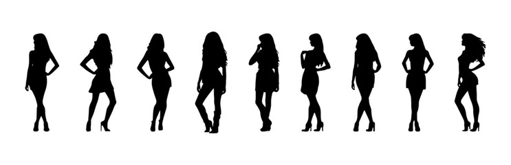 Set of black silhouettes of young women isolated on white background, vector illustration