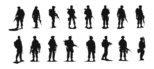 Set of black silhouettes of soldiers isolated on white background, vector illustration
