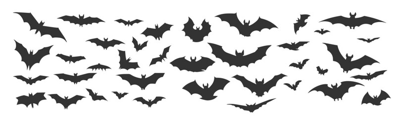 Set of black silhouettes of bats isolated on white background, vector illustration