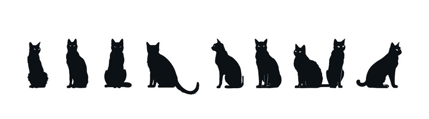 Set of black silhouettes of cats isolated on white background, vector illustration