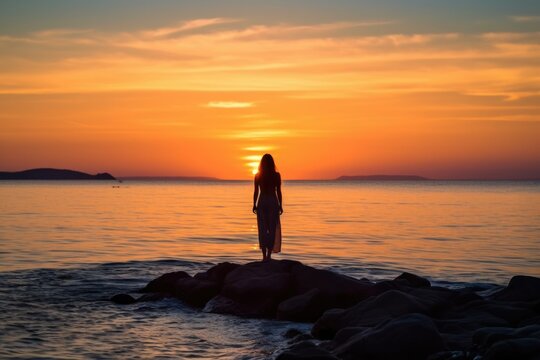 a woman standing on a rocky beach at sunset with the ocean in the background, Generative AI