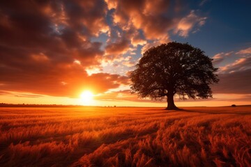 a lone tree in a field with a colorful sunset in the background