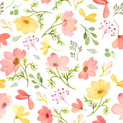 Watercolor floral seamless pattern. Hand drawn illustration isolated on white background. Vector EPS.