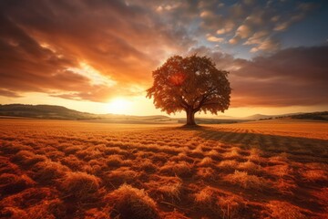 Naklejka na ściany i meble a solitary tree in a golden field at sunset, Generative AI