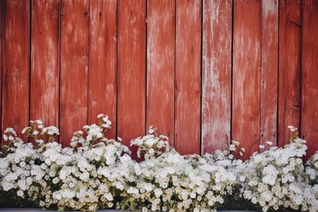 Beautiful White Flowers in a Summer Garden with Red Wooden Fence. Nature Background. Generative AI illustrations.