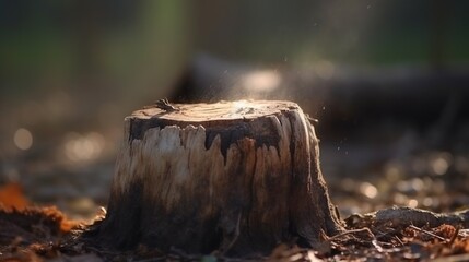 Wooden stump podium on nature and forest background.