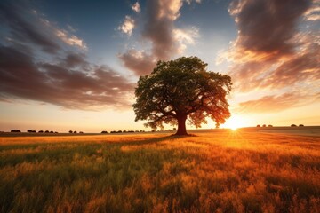 a solitary tree standing in a field during a beautiful sunset