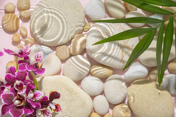 violet orchid, palm and stones with hard shadow in water, abstract spa background concept banner...