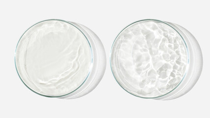 Two Petri dishes on a light background with liquid, water. Splashes of water. Waves in the petri dishes. View from above. Laboratory