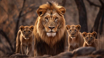 Fototapeta premium A lion on a rock in the forest