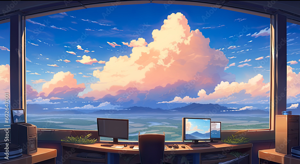 Poster a computer desk with two monitors on it. generative ai.