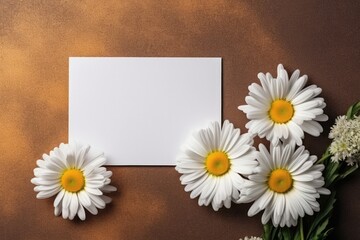 Blank White Card On Bronze Background With Chamomile Postcard. Generative AI