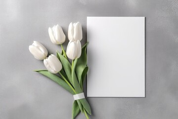 Blank White Card On Silver Background With Tulips Postcard. Generative AI