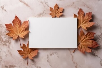 Blank White Card On Bronze Background With Maple Leaves Postcard. Generative AI