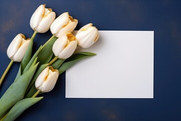 Blank White Card On Navy And Gold Background With Tulips Postcard. Generative AI
