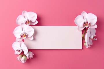 Blank White Card On Pink Background With Orchids Postcard. Generative AI