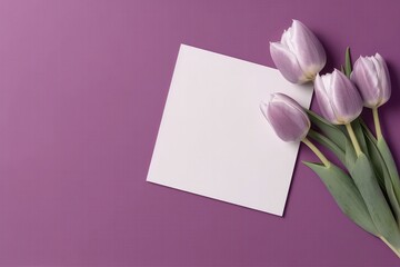 Fototapeta premium Blank White Card On Purple And Silver Background With Tulips Postcard. Generative AI