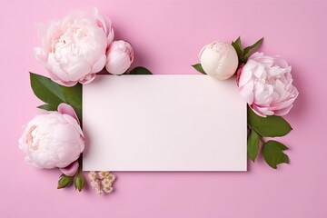 Blank White Card On Pink Background With Roses And Peonies Postcard. Generative AI
