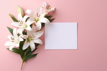 Blank White Card On Pink Background With Lilies Postcard. Generative AI