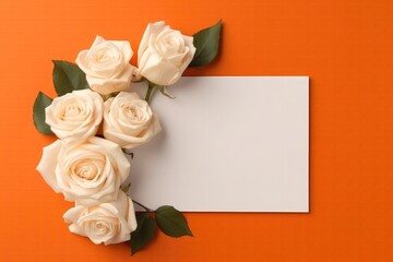 Blank White Card On Orange Background With Roses Postcard. Generative AI
