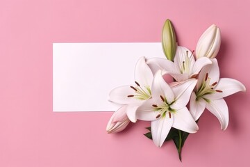 Fototapeta na wymiar Blank White Card On Pink Background With Lilies Postcard. Generative AI
