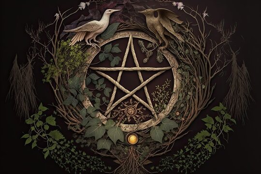 Natural Magic: Spells, Enchantments. Green Witchcraft. Magic of Nature. Magic Rituals and Practical Techniques, Magic symbols and witchcraft staff still life. AI generative