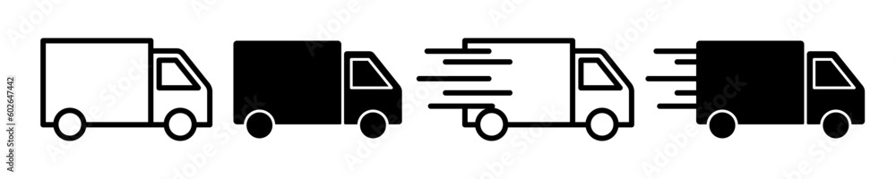 Wall mural moving delivery truck line icon set. fast free shipping truck outline symbol. cargo distribution log