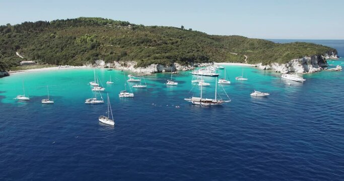 Tropical paradise beaches of Voutoumi and Vrika with turquoise clear sea, Antipaxos island, Ionian, Greece, Aerial drone bird's eye view