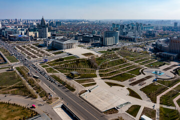 View of city center of Nur Sultan, the capital of Kazakhstan. Shooting from drone in Astana