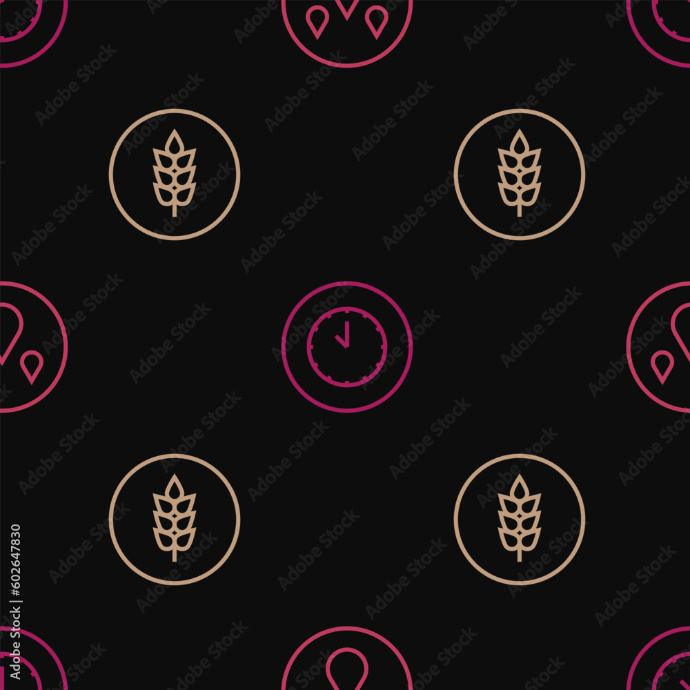 Poster set line water drop, wheat and clock on seamless pattern. vector