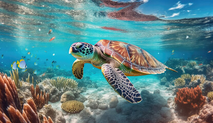 Fototapeta na wymiar Underwater Harmony: Dive into the Mesmerizing Realm of a Turtle and Fish Swimming in Perfect Synchrony AI Generative