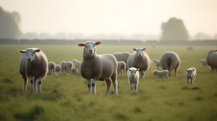 sheep and lambs on green grass created with Generative AI