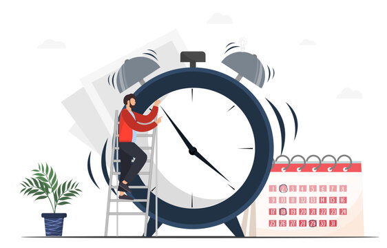 Person standing near alarm clock, planning schedule, planning business event at the calendar, organizing meeting., planning strategy and time management, flat vector illustration
