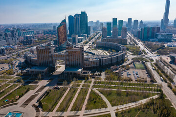Fototapeta na wymiar View of city center of Nur Sultan, the capital of Kazakhstan. Shooting from drone in Astana