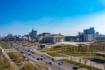 Aerial drone view Nur-Sultan, Kazakhstan Qazaqstan city center with skyscrapers and Baiterek Tower - obrazy, fototapety, plakaty
