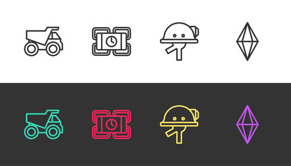 Set line Mining dump truck, Dynamite, Miner helmet and Gem stone on black and white. Vector © Kostiantyn