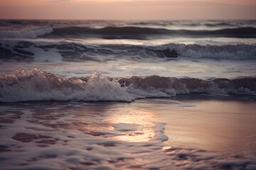 Dusk Splendor at the Seashore: Capturing the Evening Sea Waves with Soft Focus. Generative AI
